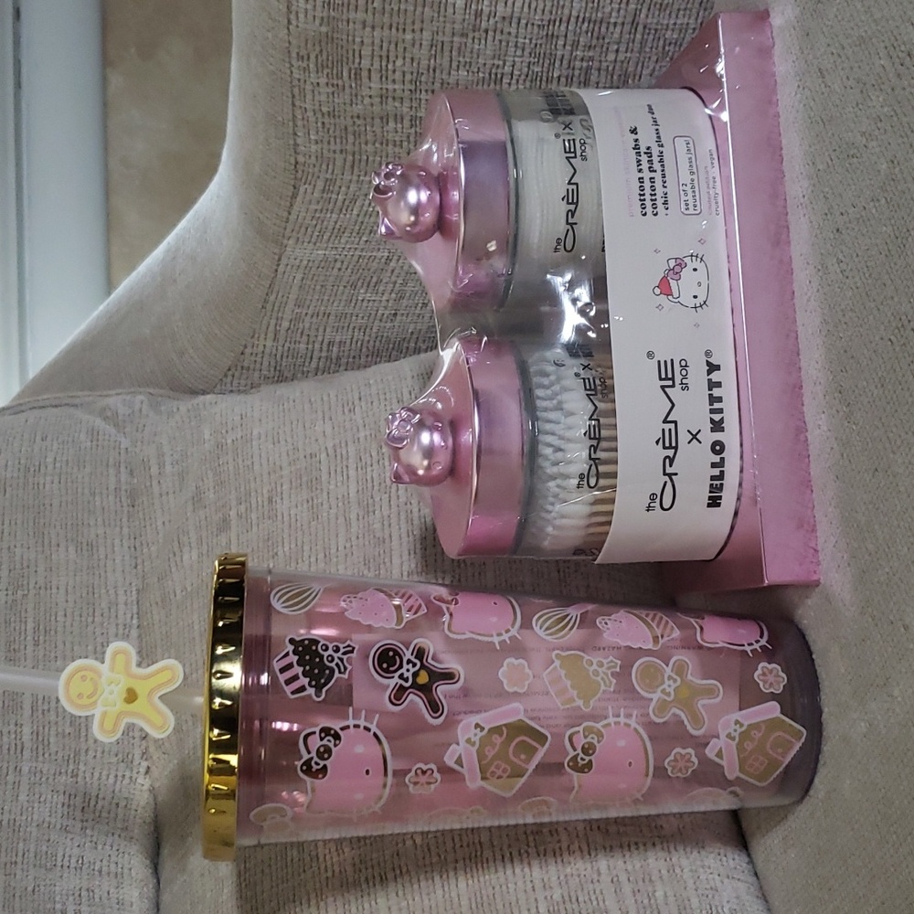 Hello Kitty Pink/Gold Christmas Tumbler & 2 pc Cotton Swab/Pads Glass jars pink